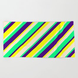 [ Thumbnail: Indigo, Yellow, Beige & Green Colored Pattern of Stripes Beach Towel ]