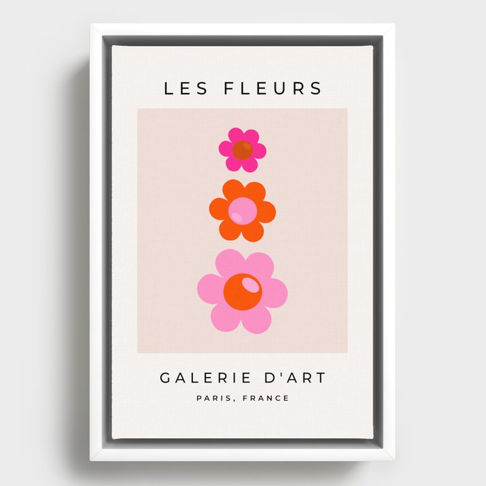 Les Fleurs | 01 - Abstract Retro Floral, Pink And Orange Print Preppy Flowers Framed Canvas