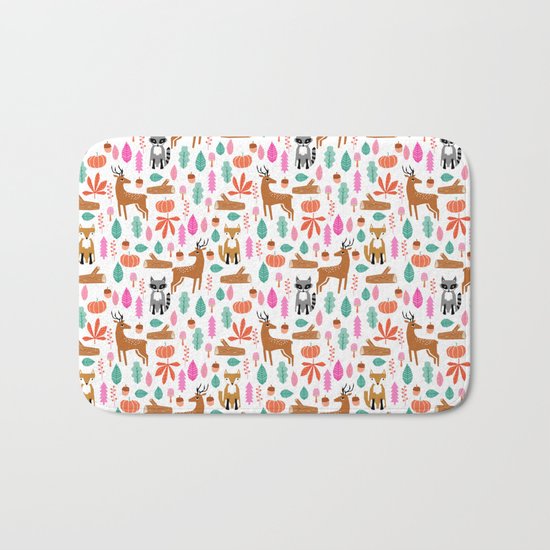 Autumn Fall Deer Raccoon cute kids bedroom forest woodland pattern art Bath Mat