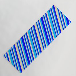 [ Thumbnail: Blue, Tan, and Deep Sky Blue Colored Lined/Striped Pattern Yoga Mat ]