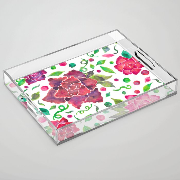 Watercolor Large Roses with Dots Acrylic Tray