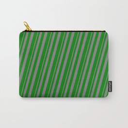 [ Thumbnail: Grey & Green Colored Stripes/Lines Pattern Carry-All Pouch ]