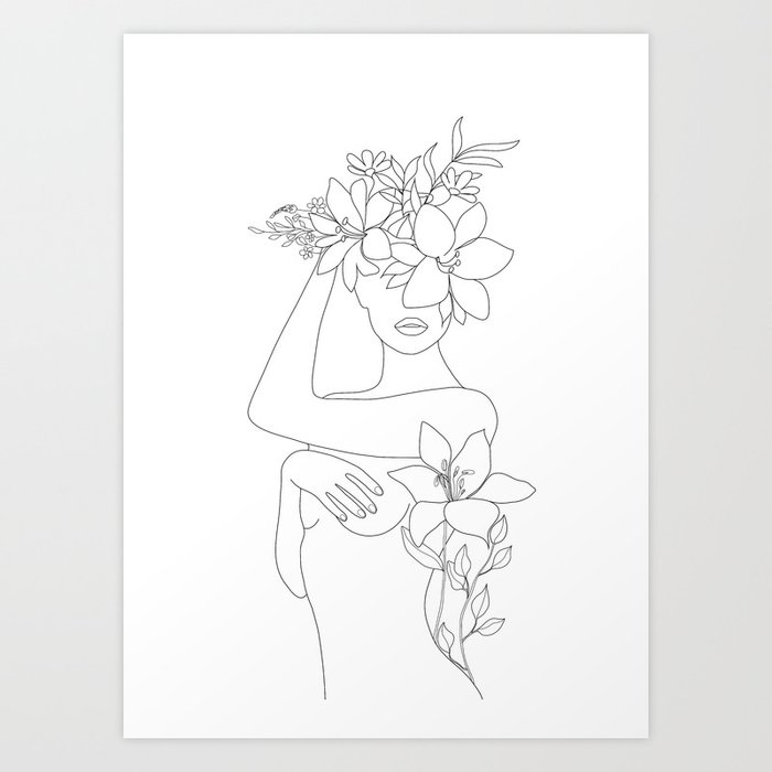 Minimal Line Art Woman With Flowers Vi Art Print By Nadja1 Society6,Marigold Flower Drawing With Colour