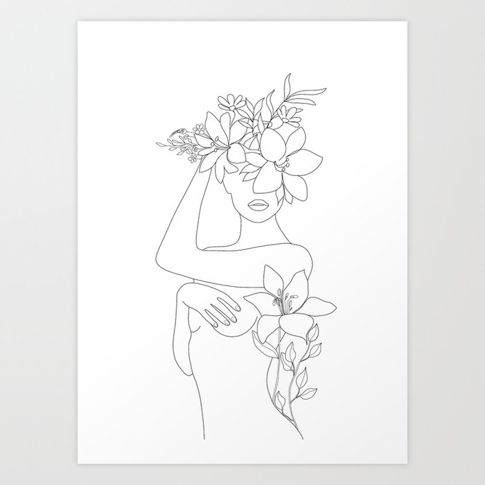 Minimal Line Art Woman with Flowers VI Art Print