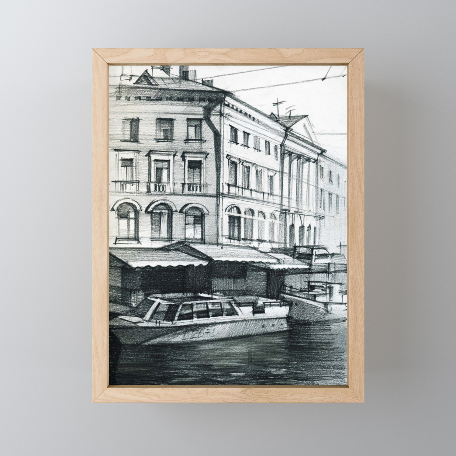 Drawing With A Graphite Pencil Of A City Landscape Yachts On
