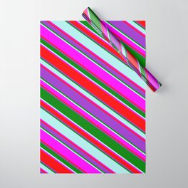 [ Thumbnail: Eyecatching Fuchsia, Red, Dark Orchid, Green & Turquoise Colored Lined Pattern Wrapping Paper ]