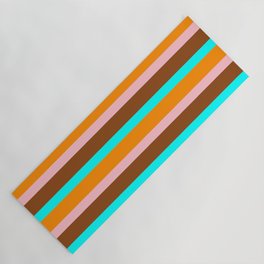 [ Thumbnail: Dark Orange, Pink, Brown & Aqua Colored Lined Pattern Yoga Mat ]