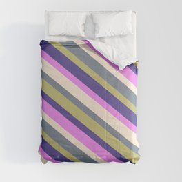 [ Thumbnail: Eyecatching Beige, Slate Gray, Dark Khaki, Dark Slate Blue, and Violet Colored Striped/Lined Pattern Comforter ]