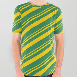 [ Thumbnail: Yellow & Sea Green Colored Lines/Stripes Pattern All Over Graphic Tee ]