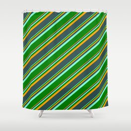 [ Thumbnail: Orange, Dark Slate Gray, Aquamarine, and Green Colored Stripes Pattern Shower Curtain ]