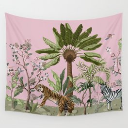 Chinoiserie Exotic Jungle Tiger Zebra Palms Pink Fresco Art Wall Tapestry