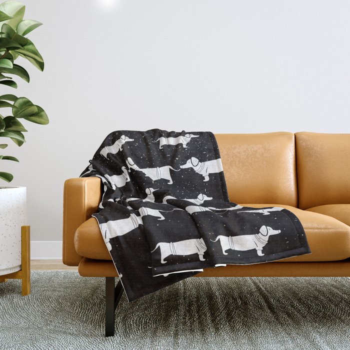 Funny Dachshund Pattern - White on Black - Mix & Match with Simplicity of life Throw Blanket