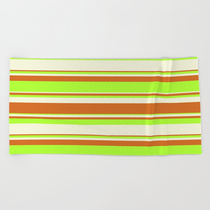 Beige, Chocolate & Light Green Colored Lined/Striped Pattern Beach Towel