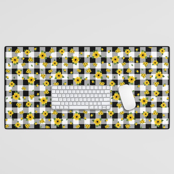 Yellow Flowers All Over - black check Desk Mat