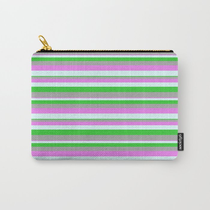 Violet, Light Cyan, Lime Green, and Dark Grey Colored Lines/Stripes Pattern Carry-All Pouch