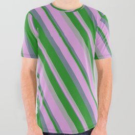 [ Thumbnail: Forest Green, Dark Gray, Plum, and Slate Gray Colored Stripes/Lines Pattern All Over Graphic Tee ]