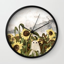 There's A Ghost in the Sunflower Field Again... Wall Clock | Vintage, Haunted, Ghost, Cloud, Crop, Sunflower, Cute, Painting, Creepy, Digital 