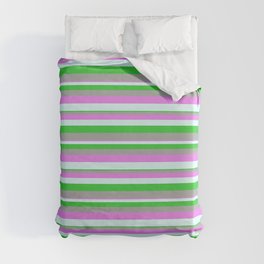 [ Thumbnail: Violet, Light Cyan, Lime Green, and Dark Grey Colored Lines/Stripes Pattern Duvet Cover ]
