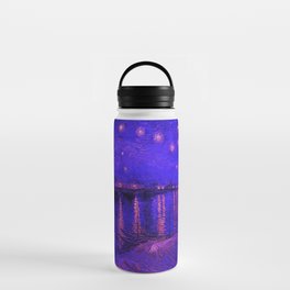Starry Night Over the Rhone landscape painting by Vincent van Gogh in alternate midnight blue with pink stars Water Bottle