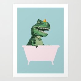 Playful T-Rex in Bathtub in Green Art Print | Nursery, Rubberduck, Illustration, Jurassic, Bathtub, Animal, Watercolor, Acrylic, Baby, Funny 