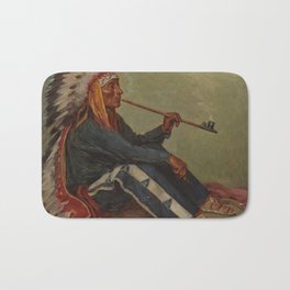 Full portrait of Chief Flat Iron smoking peace pipe Sioux First Nations American Indian portrait painting by Joseph Henry Sharp Bath Mat | Americanwest, Paintings, Shaman, Cheyenne, Native, American, Flatiron, Plains, Peacepipe, Indians 