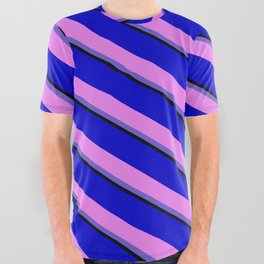 [ Thumbnail: Blue, Violet, Slate Blue, and Black Colored Lines Pattern All Over Graphic Tee ]