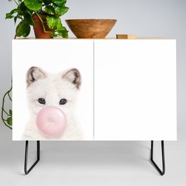 Baby Arctic Fox Blowing Bubble Gum, Pink Nursery, Baby Animals Art Print by Synplus Credenza