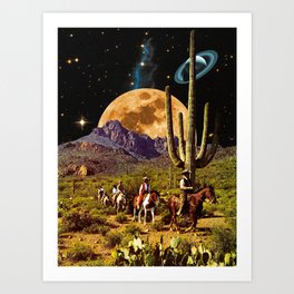 Space Cowboys Art Print | Landscape, Vintage, Colorful, Retro, Retrofuturism, Mountains, Collageart, Curated, Nature, Moonart 