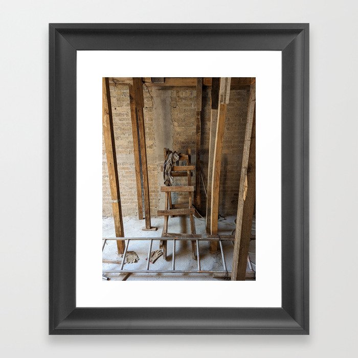 Falsework with wood ladder and gray rag in construction site Framed Art Print