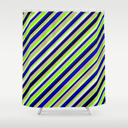 [ Thumbnail: Eye-catching Green, Lavender, Blue, Black, and Tan Colored Lined/Striped Pattern Shower Curtain ]