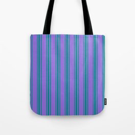 [ Thumbnail: Purple & Dark Cyan Colored Stripes Pattern Tote Bag ]