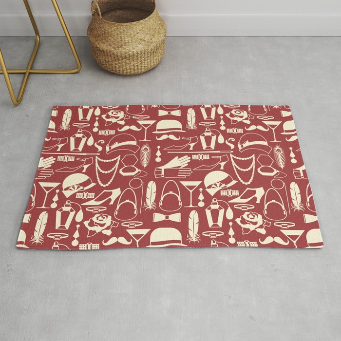 White Fashion 1920s Vintage Pattern on Antique Red Rug