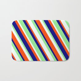 [ Thumbnail: Red, Blue, Light Green, and Mint Cream Colored Lined/Striped Pattern Bath Mat ]