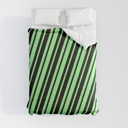 [ Thumbnail: Green & Black Colored Stripes Pattern Comforter ]