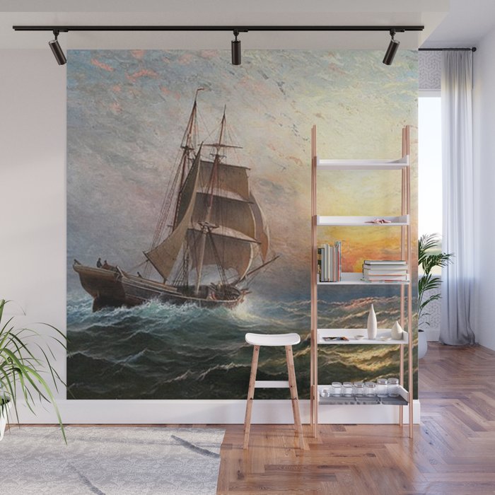 Sailing into the Storm, Sunset, marine nautical landscape by Charles Henry Gifford Wall Mural