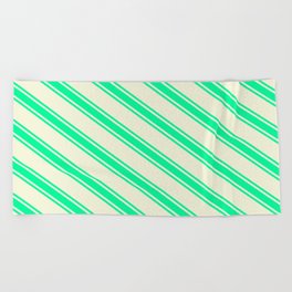 [ Thumbnail: Beige and Green Colored Stripes/Lines Pattern Beach Towel ]