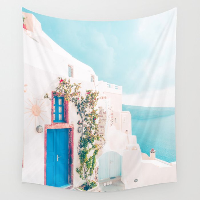 Santorini Greece Blue Door Cozy Photography Wall Tapestry