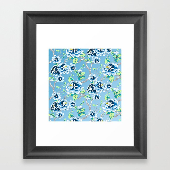 Chinoiserie Ming style Blue Floral Pattern Framed Art Print
