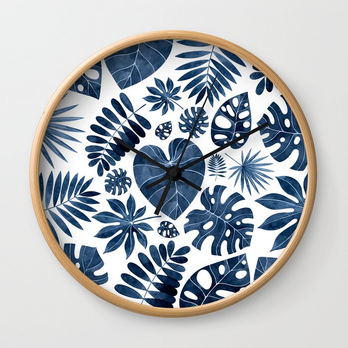 Blue tropical palm leaves Wall Clock
