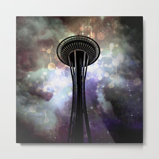 Space Needle - Seattle Stars and Clouds at Night Metal Print