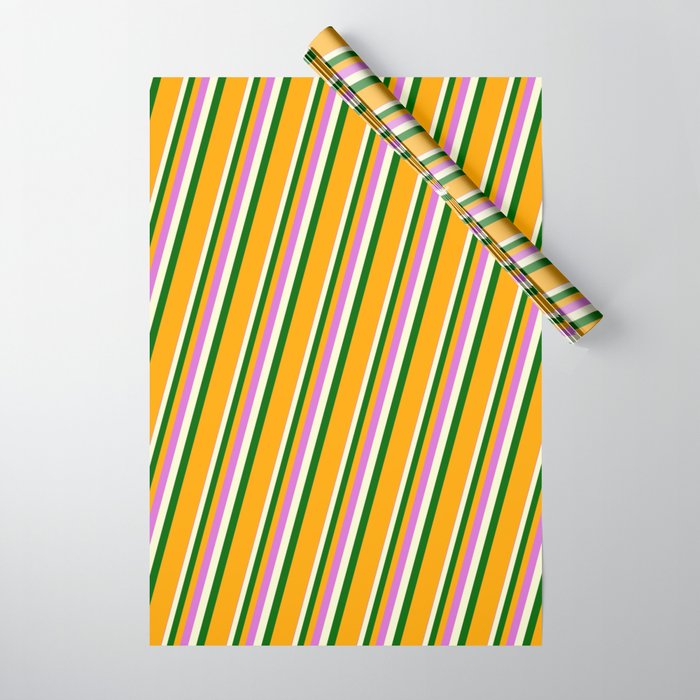 Orchid, Light Yellow, Dark Green & Orange Colored Striped/Lined Pattern Wrapping Paper