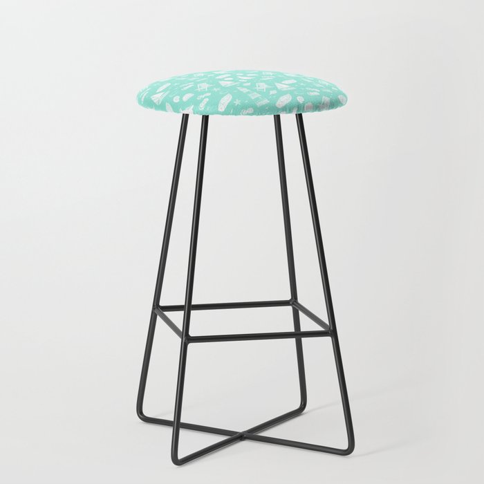 Mint Blue And White Summer Beach Elements Pattern Bar Stool