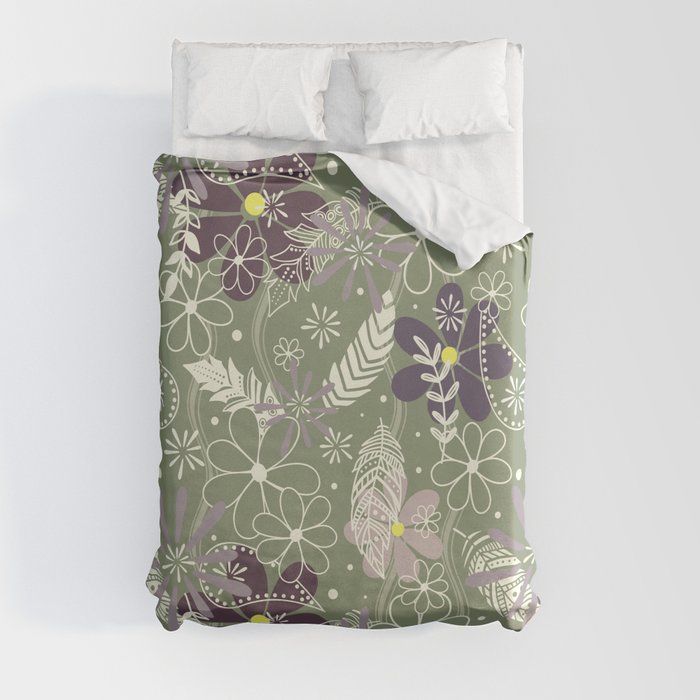 plum purple sage doodle feathers and flowers Duvet Cover