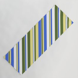 [ Thumbnail: Dark Olive Green, Tan, Royal Blue, and White Colored Stripes Pattern Yoga Mat ]