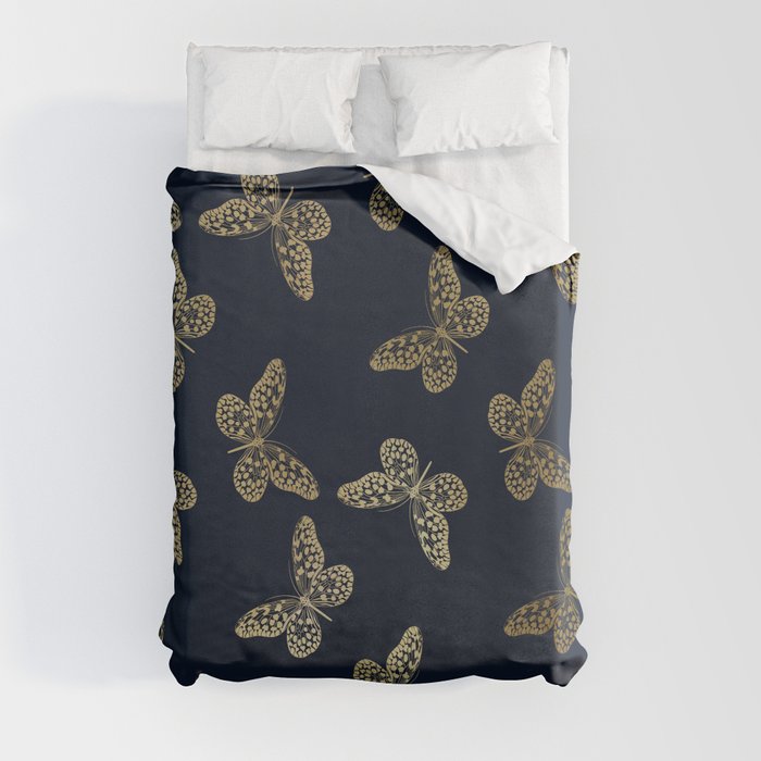 Exotic Butterfly Art on Navy and Gold Duvet Cover