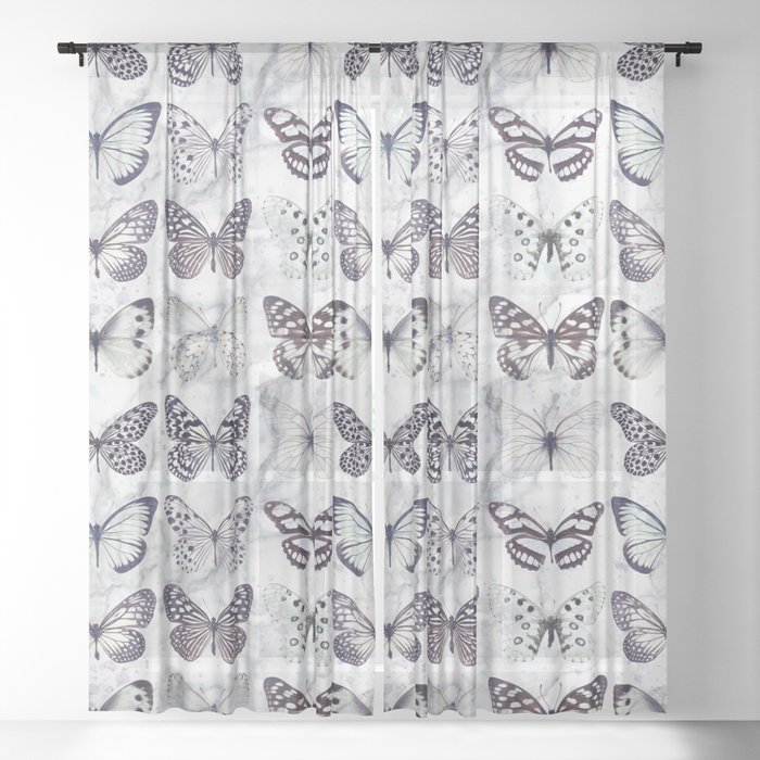 Black and white marble butterflies Sheer Curtain