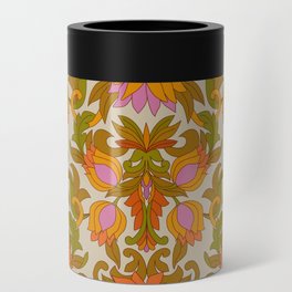 Orange, Pink Flowers and Green Leaves 1960s Retro Vintage Pattern Can Cooler