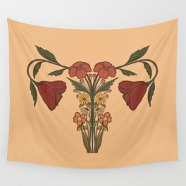 Women's Body Uterus Vagina Lady Form with Wildflowers Orange Warm Colors Wall Tapestry