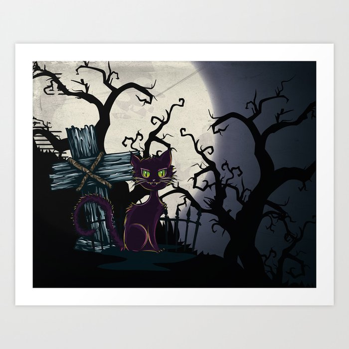 Vintage Halloween Cemetery Cat Art Print by simonegatterwe