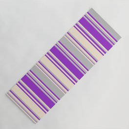 [ Thumbnail: Grey, Dark Orchid & Beige Colored Stripes/Lines Pattern Yoga Mat ]